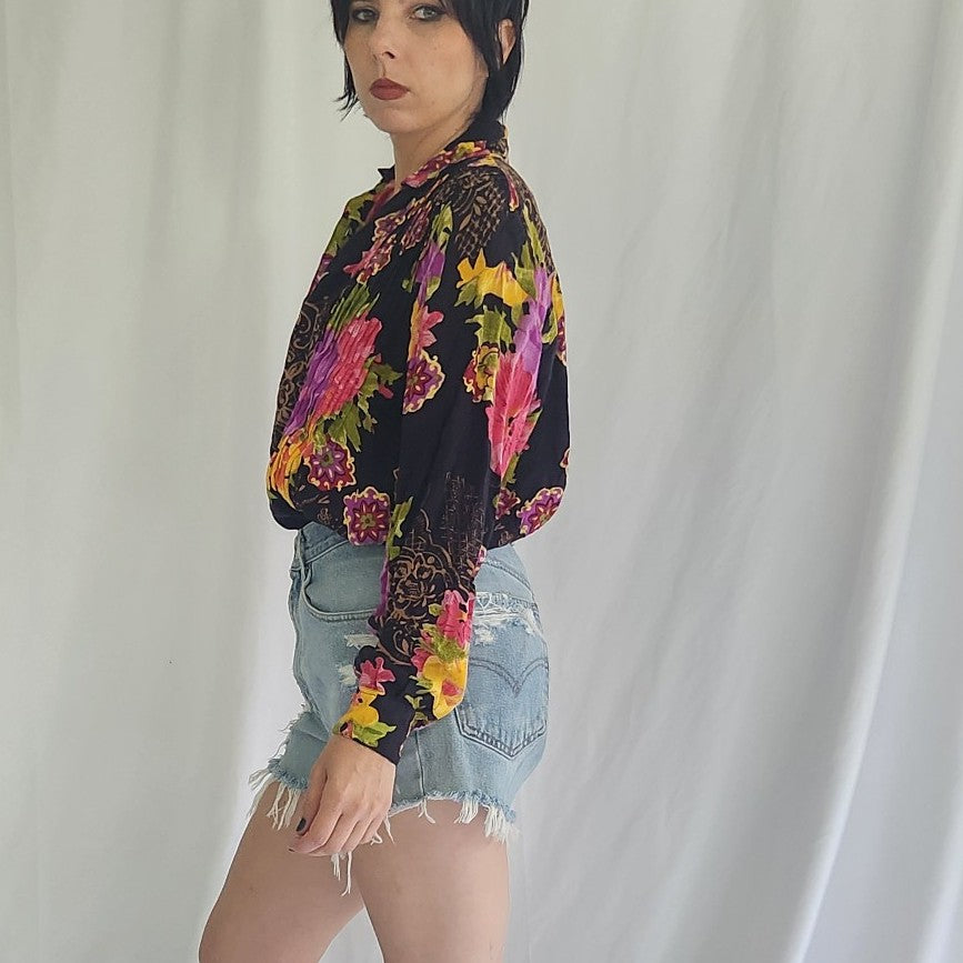 90s Black and Pink Oversize Floral Blouse