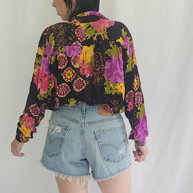 90s Black and Pink Oversize Floral Blouse