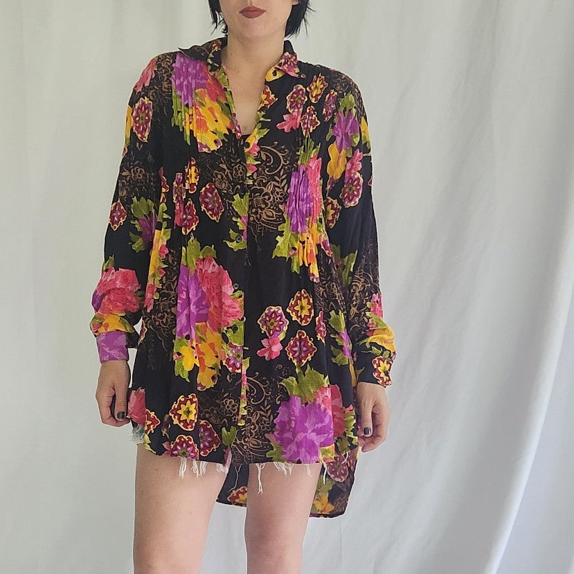 90s Black and Pink Oversize Floral Blouse