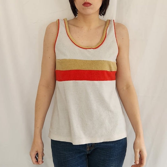 70s/80s White, Tan, and Red Terrycloth Tank Top