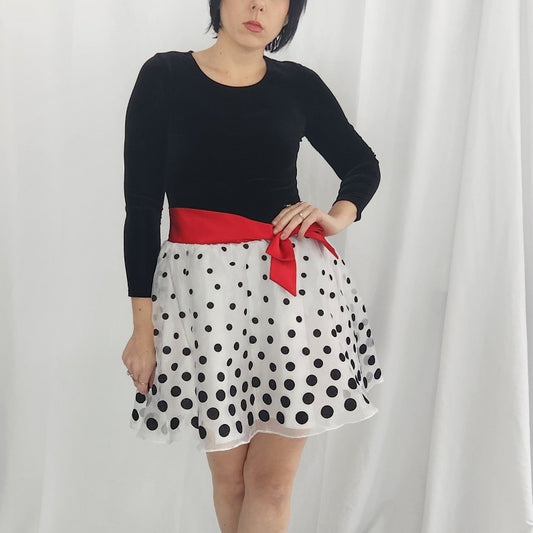 Y2K Black Velvet Polka Dot Dress