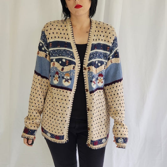 90s/00s Snowman Theme Tan and Blue Cardigan