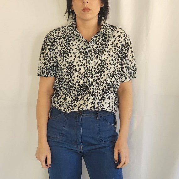 70s Black and White Ladies Button Down