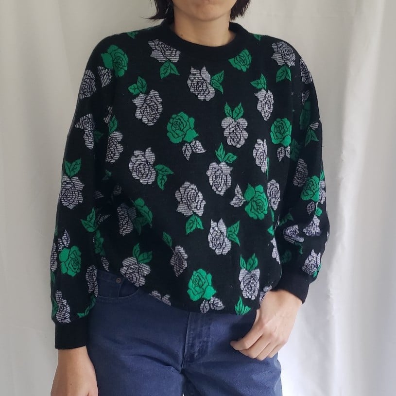 80s Black, Silver, and Green Rose Sweater