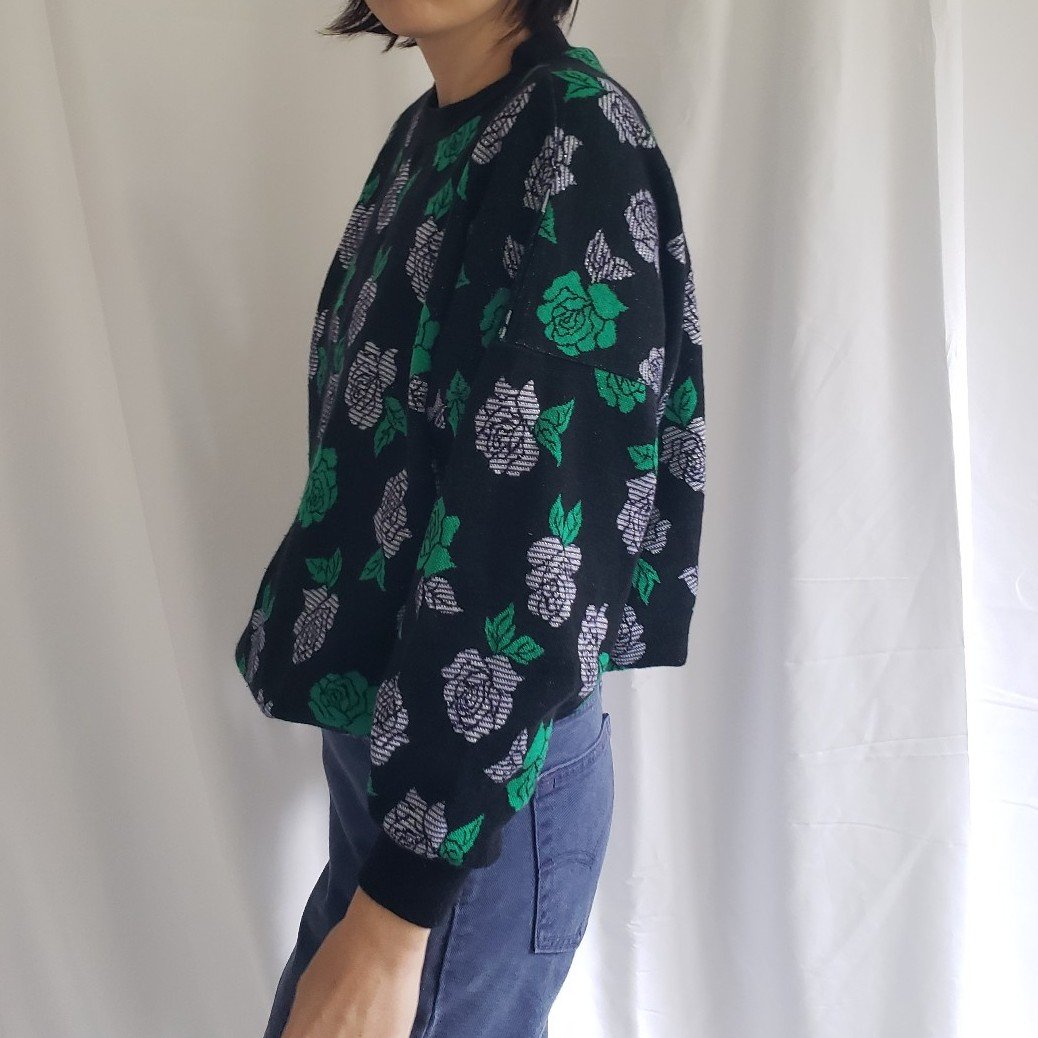 80s Black, Silver, and Green Rose Sweater