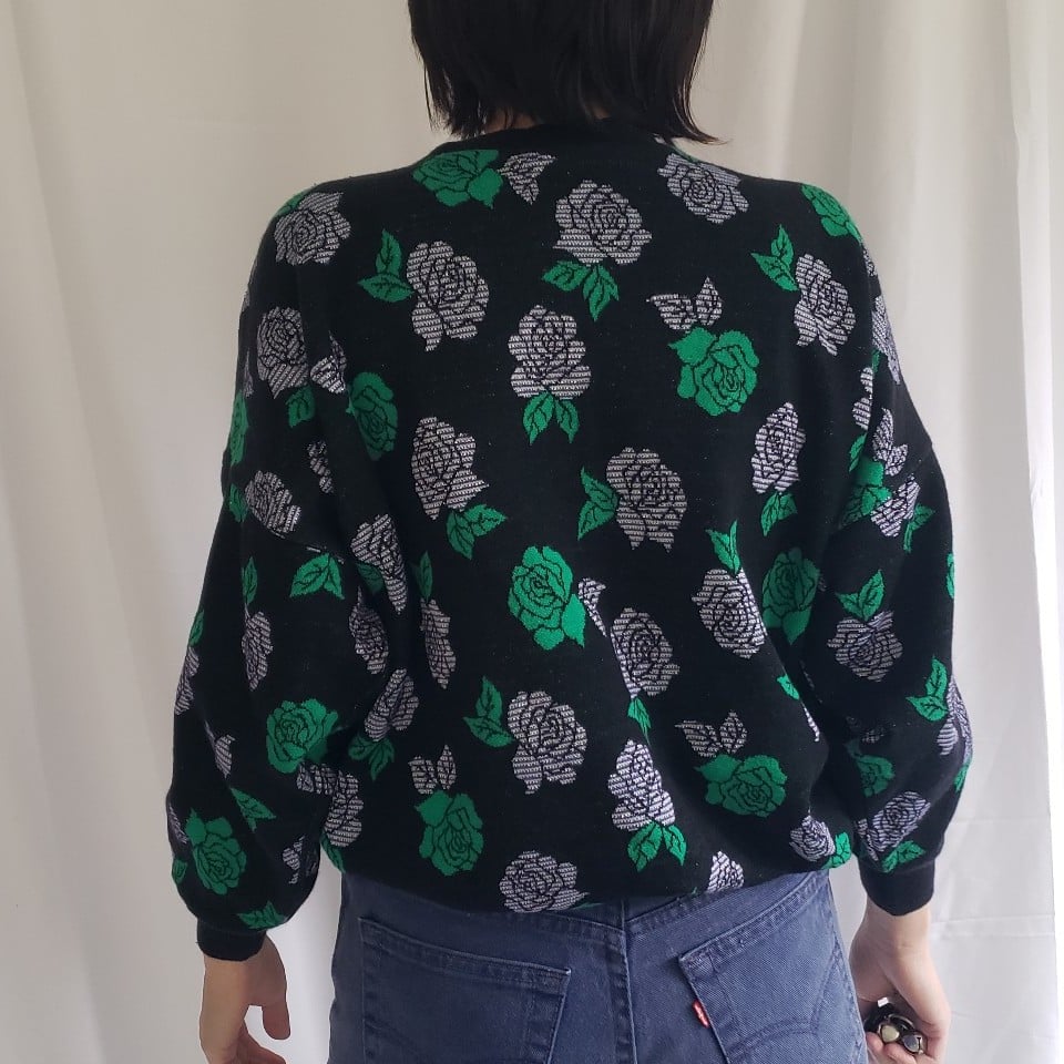 80s Black, Silver, and Green Rose Sweater