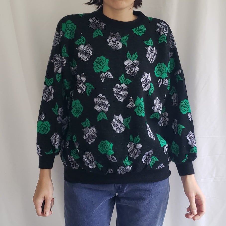 80s Black, Silver, and Green Rose Sweater