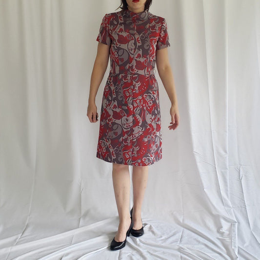 60s Red, Taupe, and Gray Home Made Dress