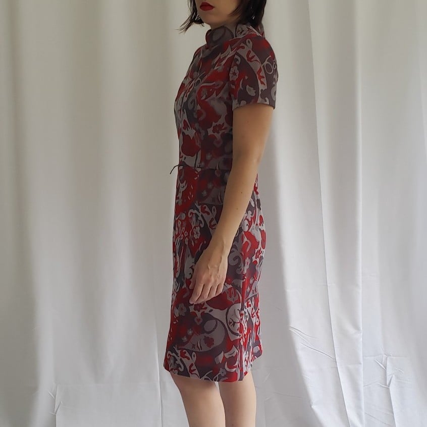 60s Red, Taupe, and Gray Home Made Dress