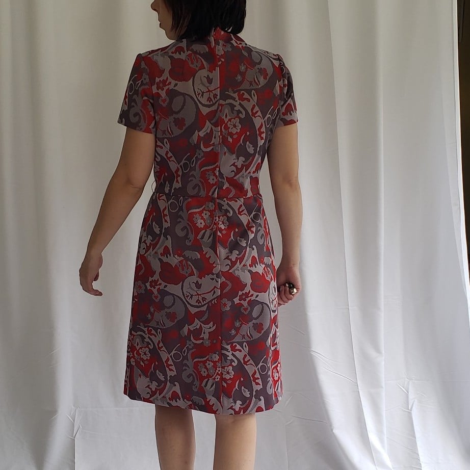 60s Red, Taupe, and Gray Home Made Dress