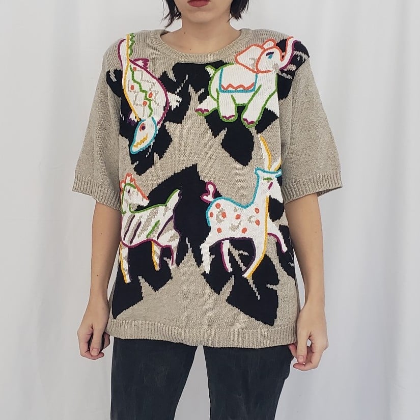 90s I.B. Diffusion Jungle Animal Theme Short Sleeve Sweater