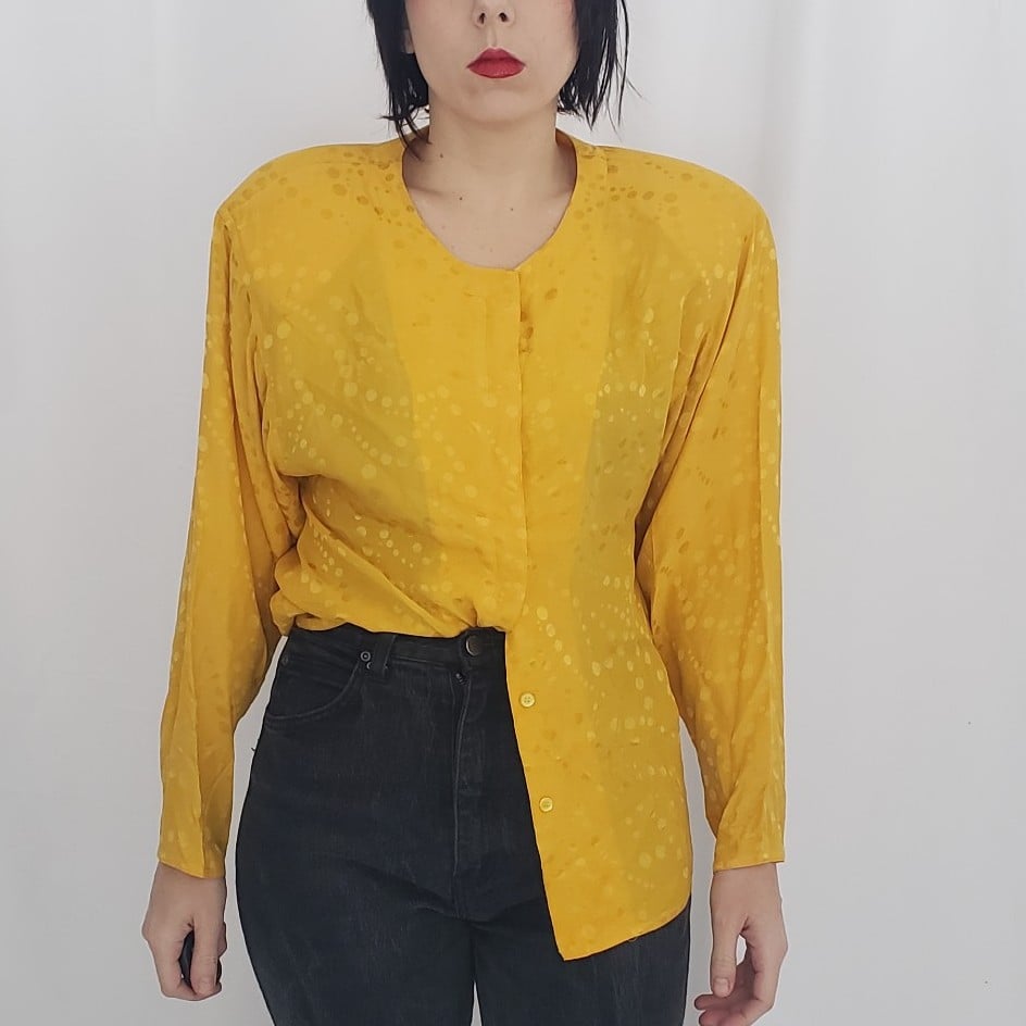 80s Yellow Polka Dot Silk Blouse