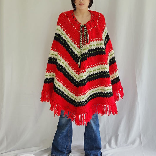 70s Red, Black, and White Striped Poncho