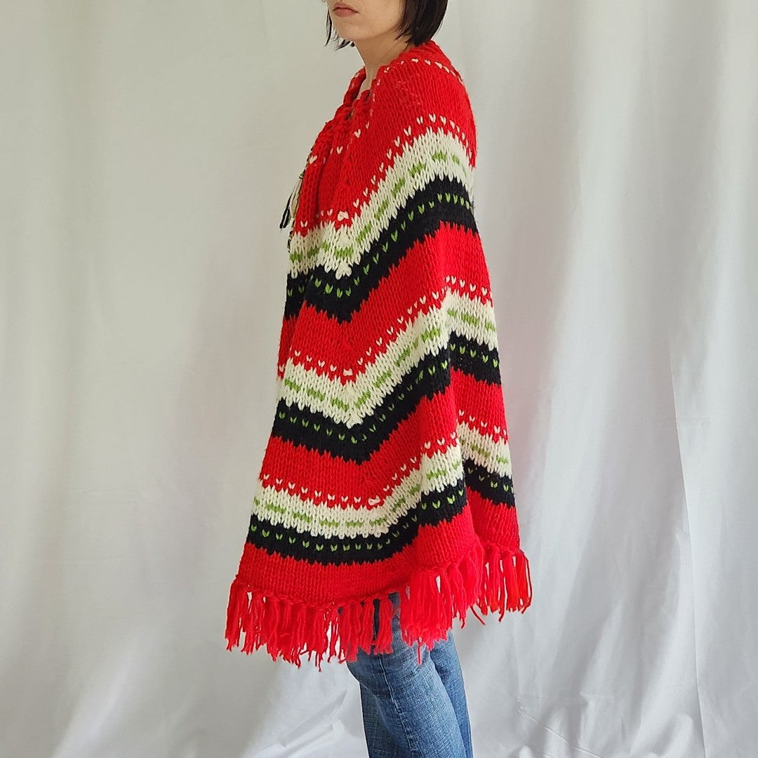 70s Red, Black, and White Striped Poncho