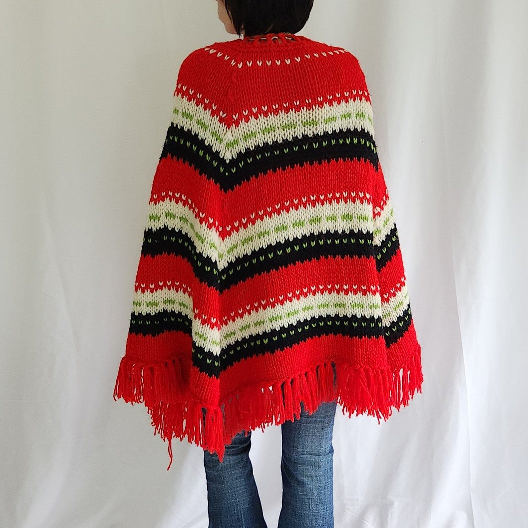 70s Red, Black, and White Striped Poncho