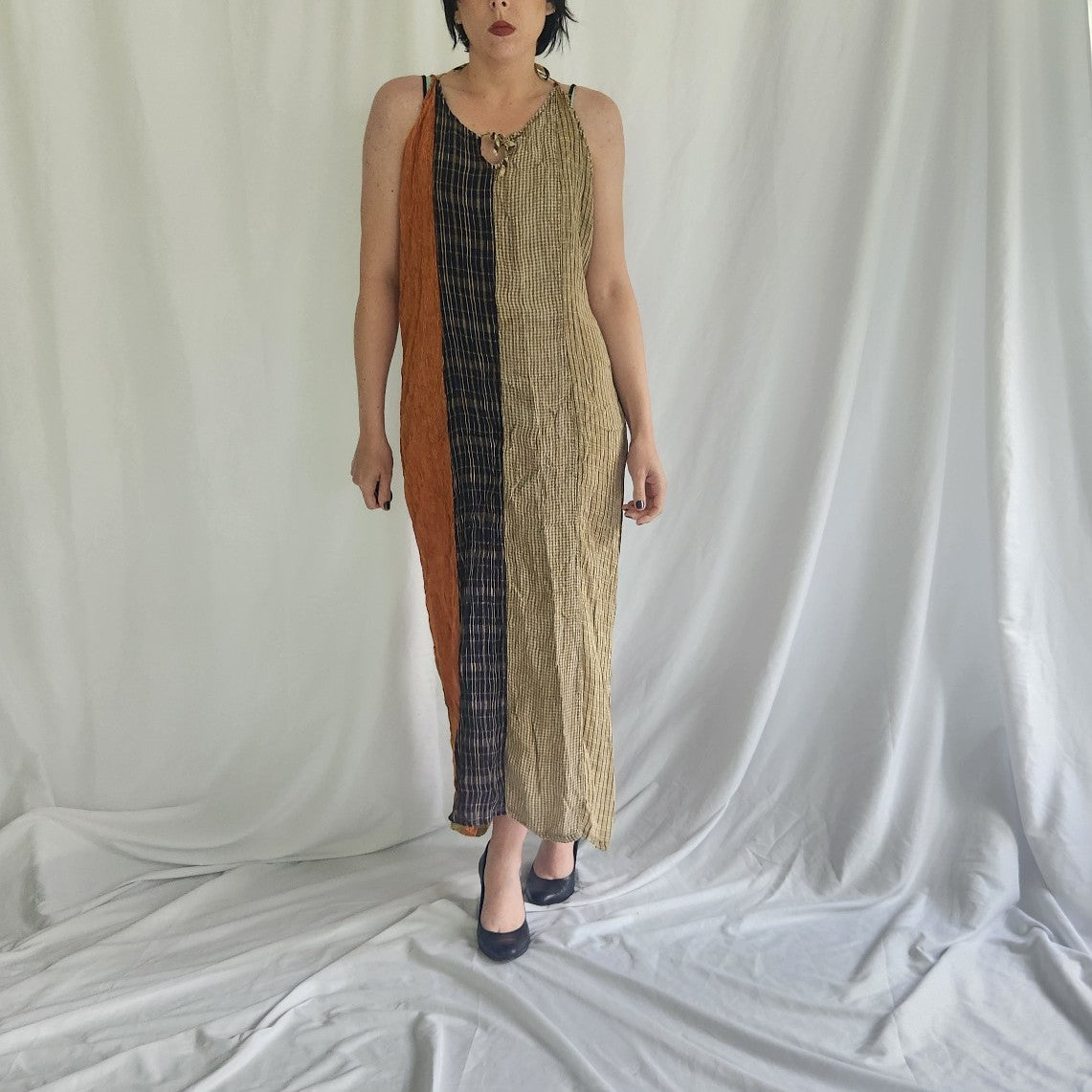 90s Plaid Rayon Multicolor Maxi Dress
