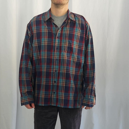80s Teal, Purple, and Blue Plaid Shirt