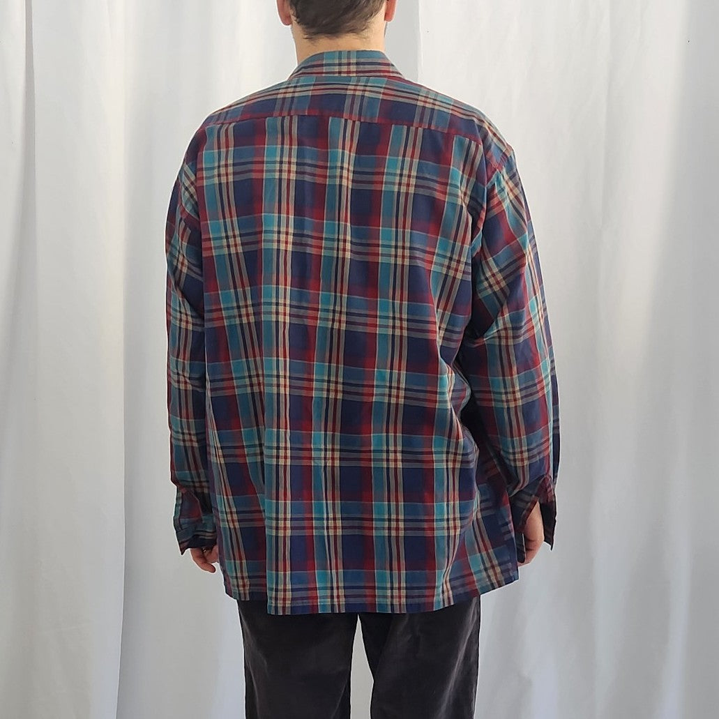80s Teal, Purple, and Blue Plaid Shirt