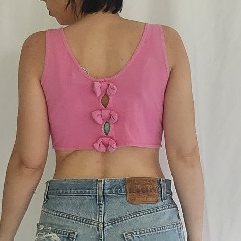 90s Pink Cotton Crop Top with Bows