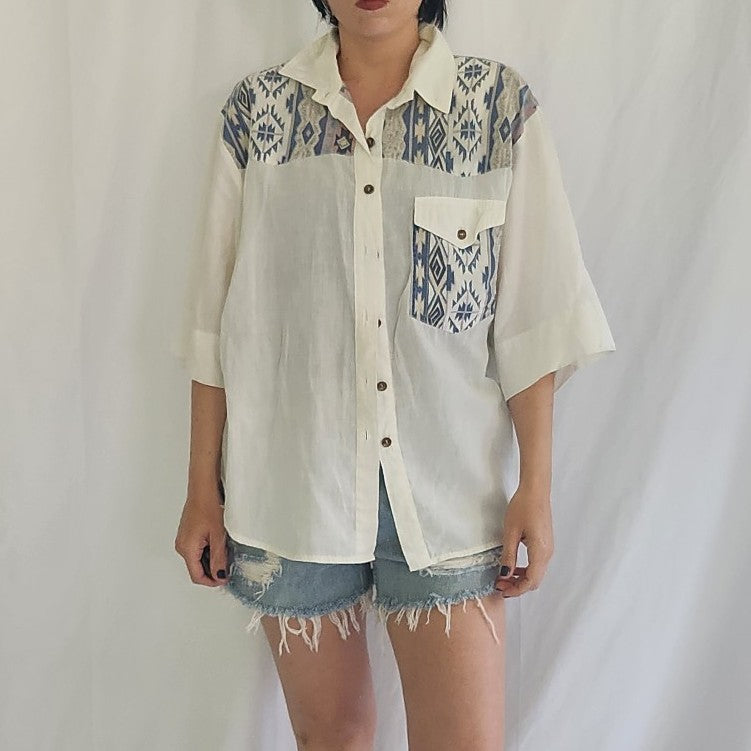 80s/90s White, Blue, Gray, and Pink Southwest Print Button Down