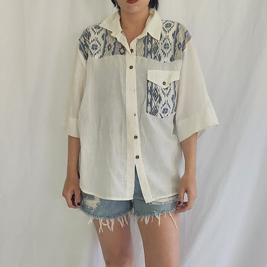 80s/90s White, Blue, Gray, and Pink Southwest Print Button Down