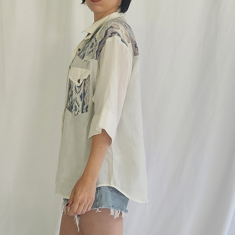 80s/90s White, Blue, Gray, and Pink Southwest Print Button Down
