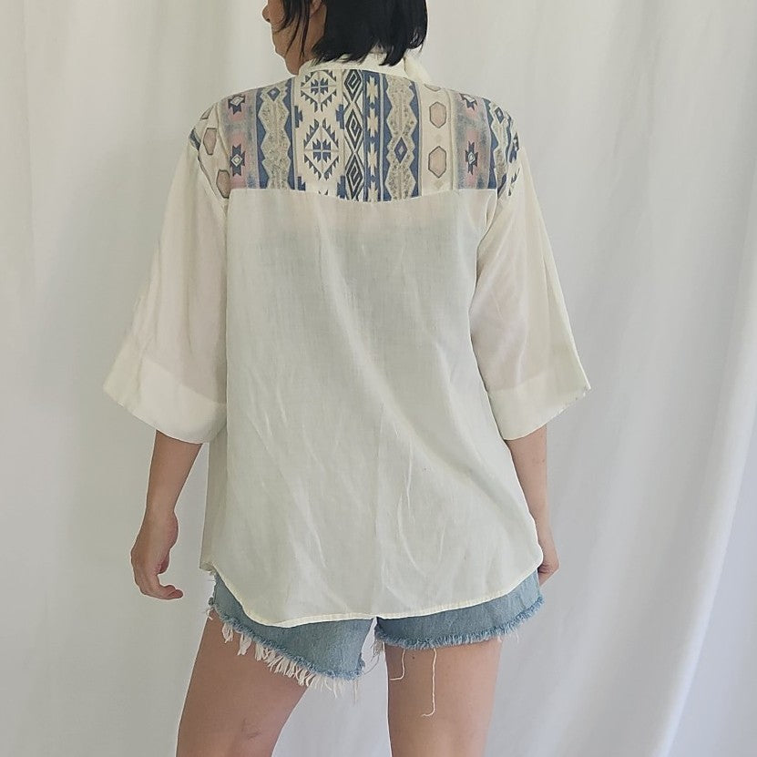 80s/90s White, Blue, Gray, and Pink Southwest Print Button Down