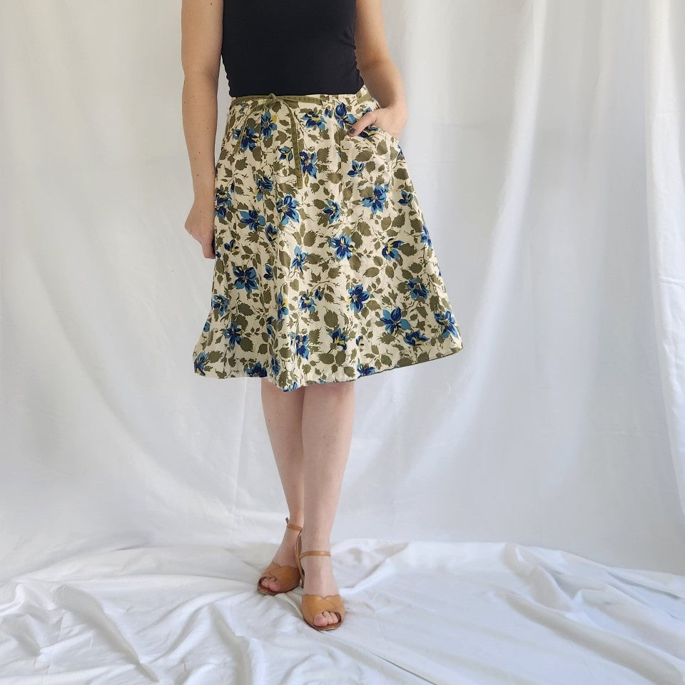 70s Green and Blue Floral Reversible Wrap Skirt