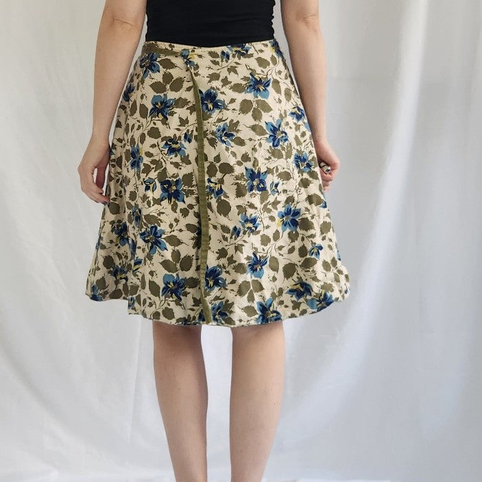 70s Green and Blue Floral Reversible Wrap Skirt