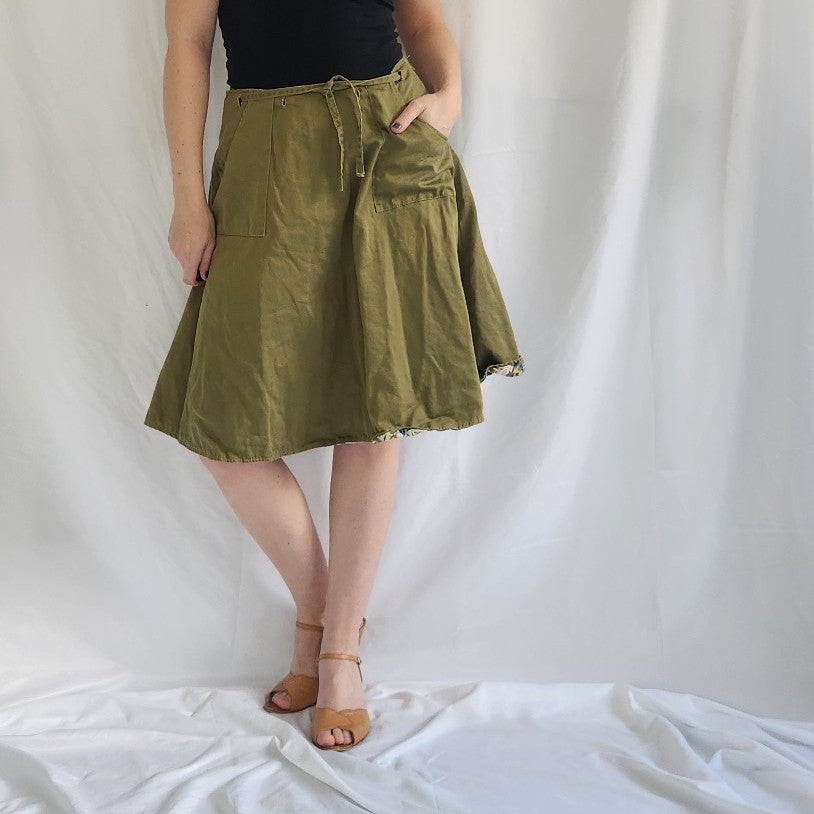 70s Green and Blue Floral Reversible Wrap Skirt