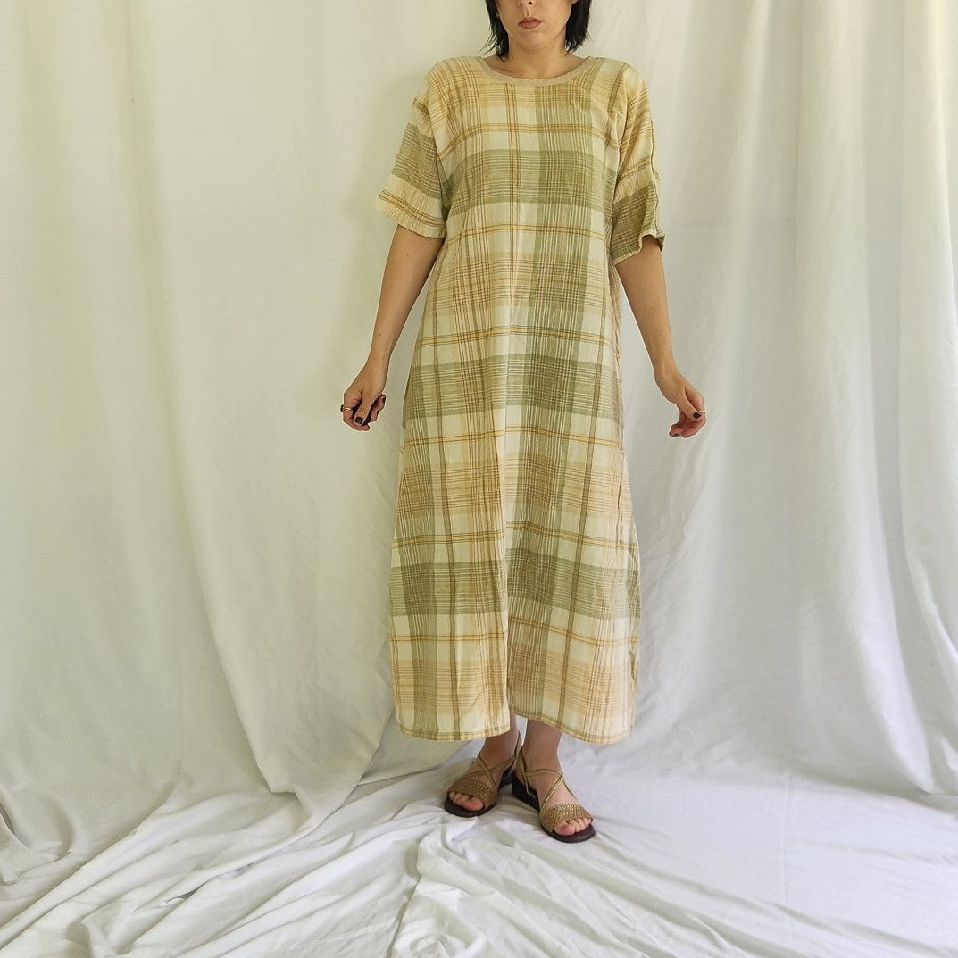 Vintage Tan and Green Plaid Peasant Dress