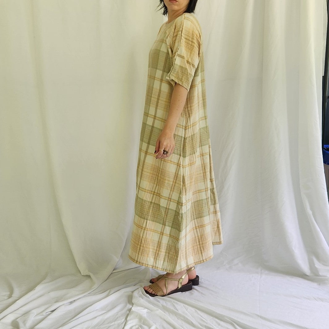 Vintage Tan and Green Plaid Peasant Dress