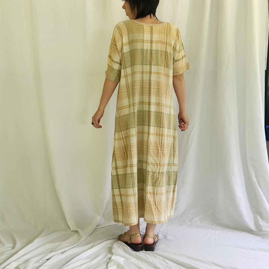 Vintage Tan and Green Plaid Peasant Dress