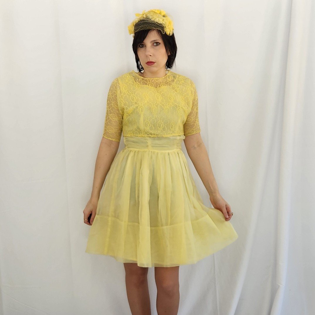 60s Yellow Party Dress with Lace Jacket and Floral Headpiece