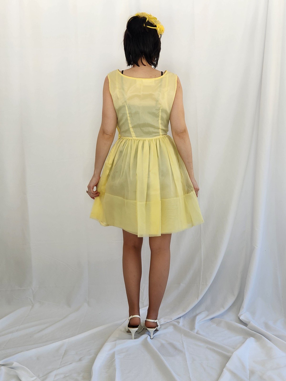 60s Yellow Party Dress with Lace Jacket and Floral Headpiece