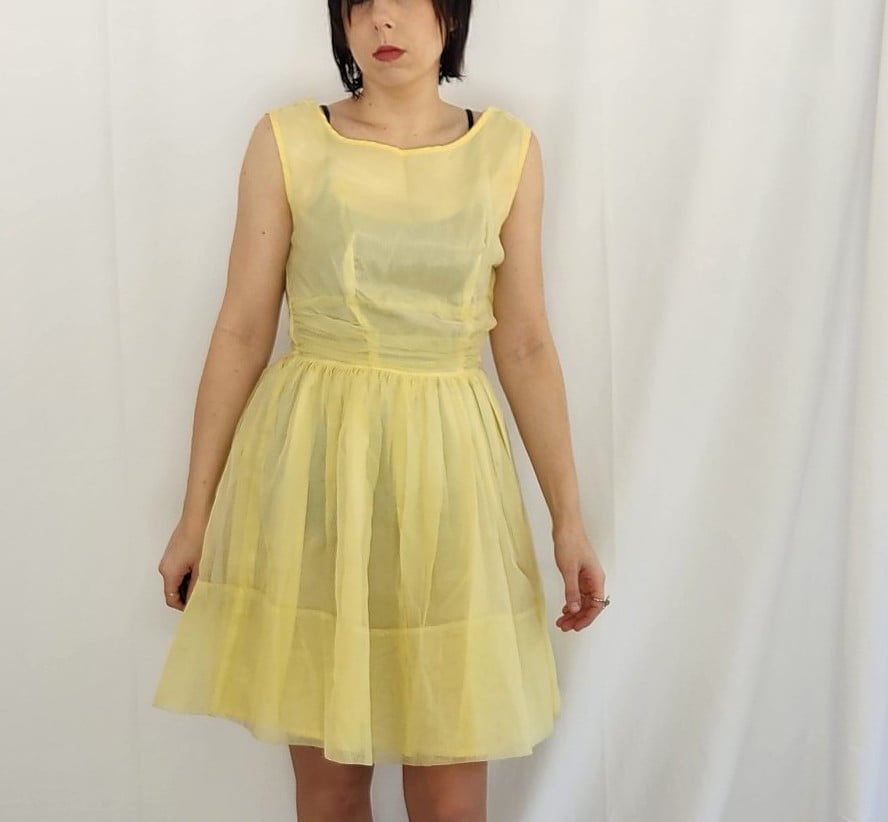 60s Yellow Party Dress with Lace Jacket and Floral Headpiece