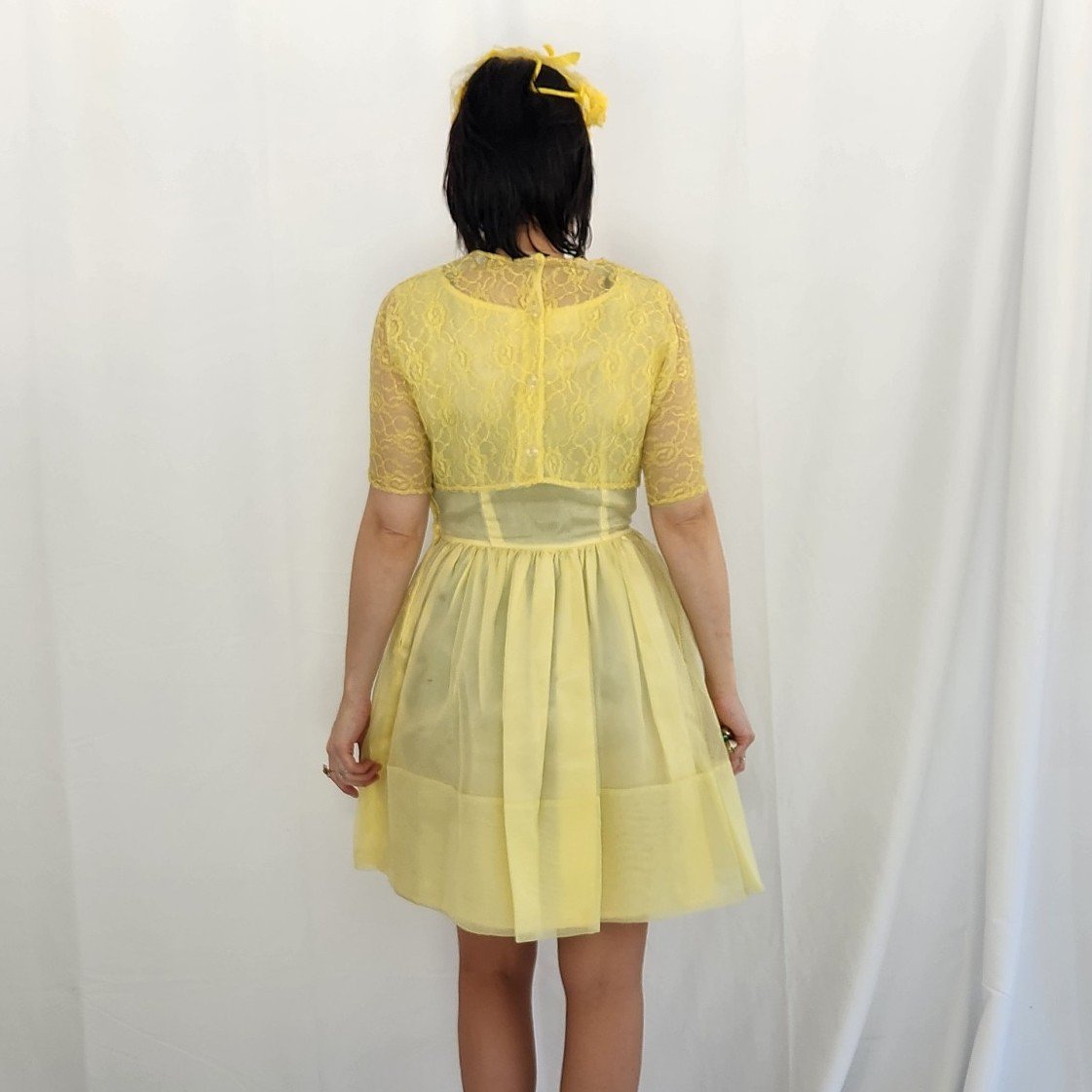 60s Yellow Party Dress with Lace Jacket and Floral Headpiece