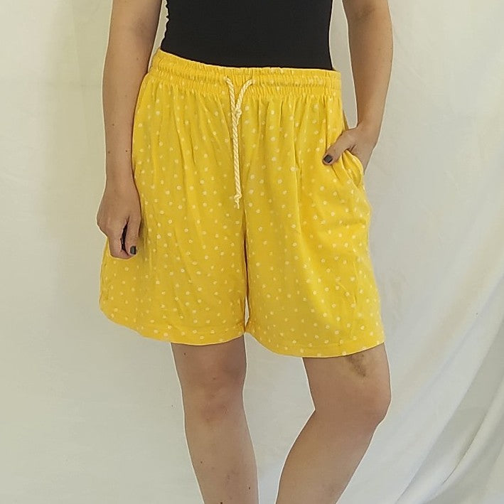 90s Yellow and White Polka Dot Cotton Pull On Shorts