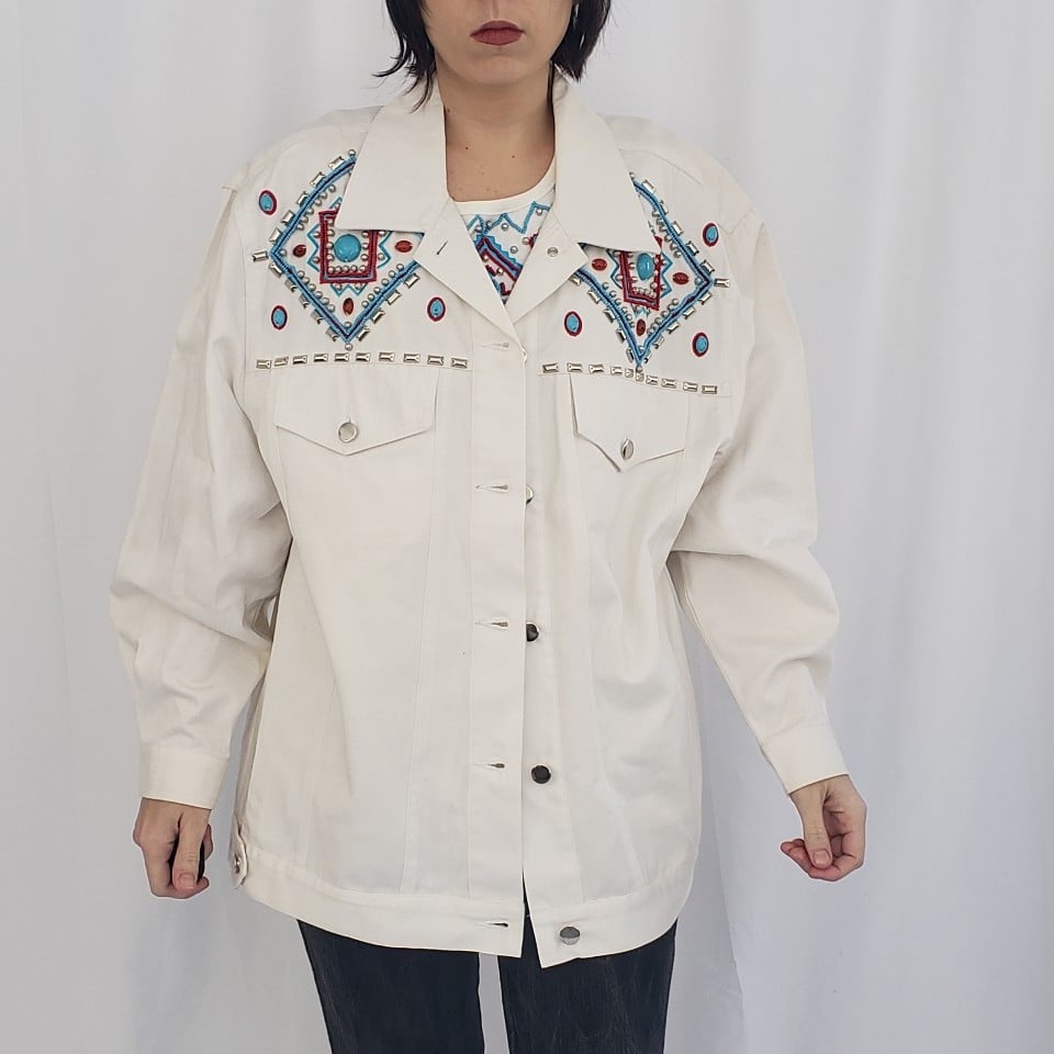 90s Deadstock I.B. Diffusion White Beaded Southwest Jacket and Top Set