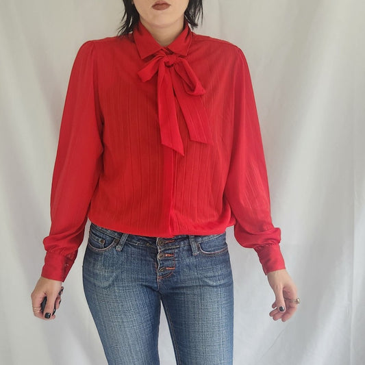 70s Red Striped Blouse with Pussy Bow