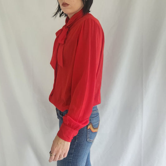 70s Red Striped Blouse with Pussy Bow