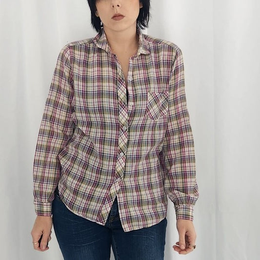 70s Purple and Green Plaid Button Down