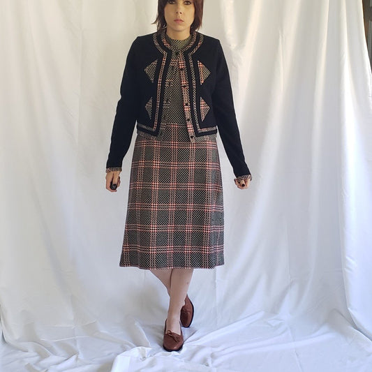 60s Black, White, and Red Plaid Dress with Cardigan