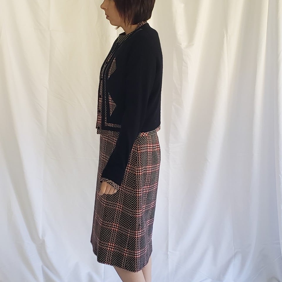 60s Black, White, and Red Plaid Dress with Cardigan