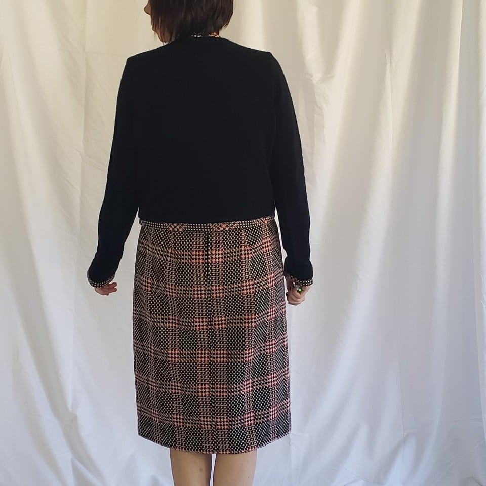 60s Black, White, and Red Plaid Dress with Cardigan