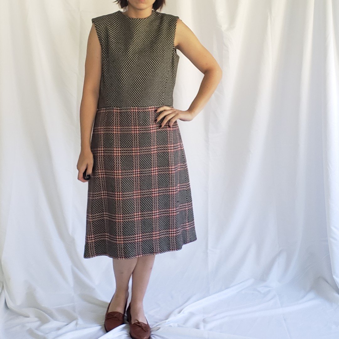 60s Black, White, and Red Plaid Dress with Cardigan