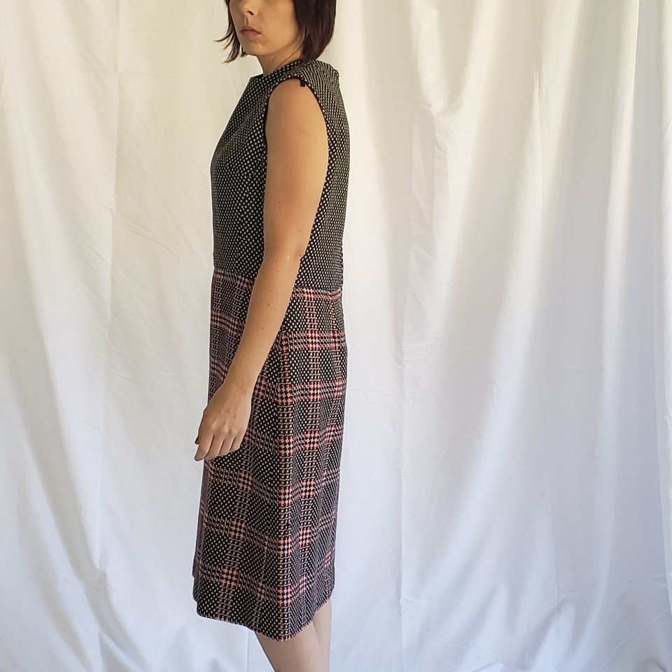 60s Black, White, and Red Plaid Dress with Cardigan