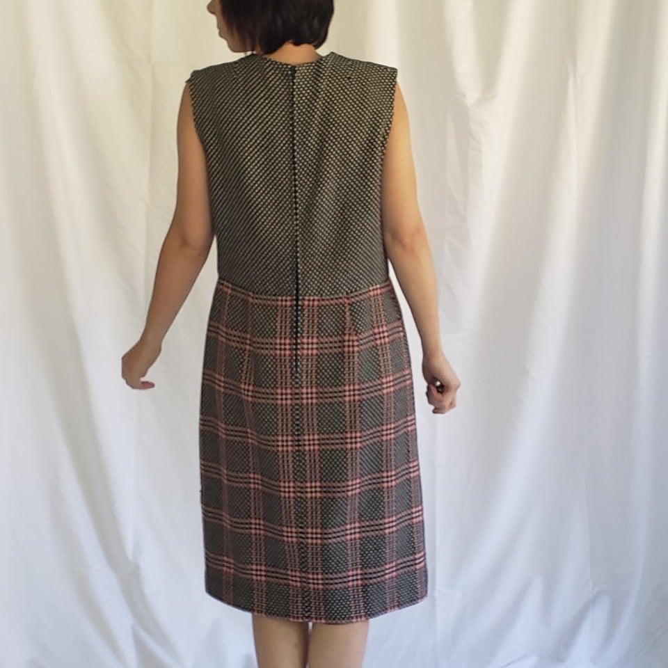 60s Black, White, and Red Plaid Dress with Cardigan