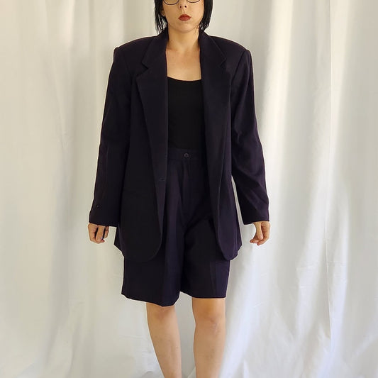 90s Navy Blue Wool Blazer and Shorts Set