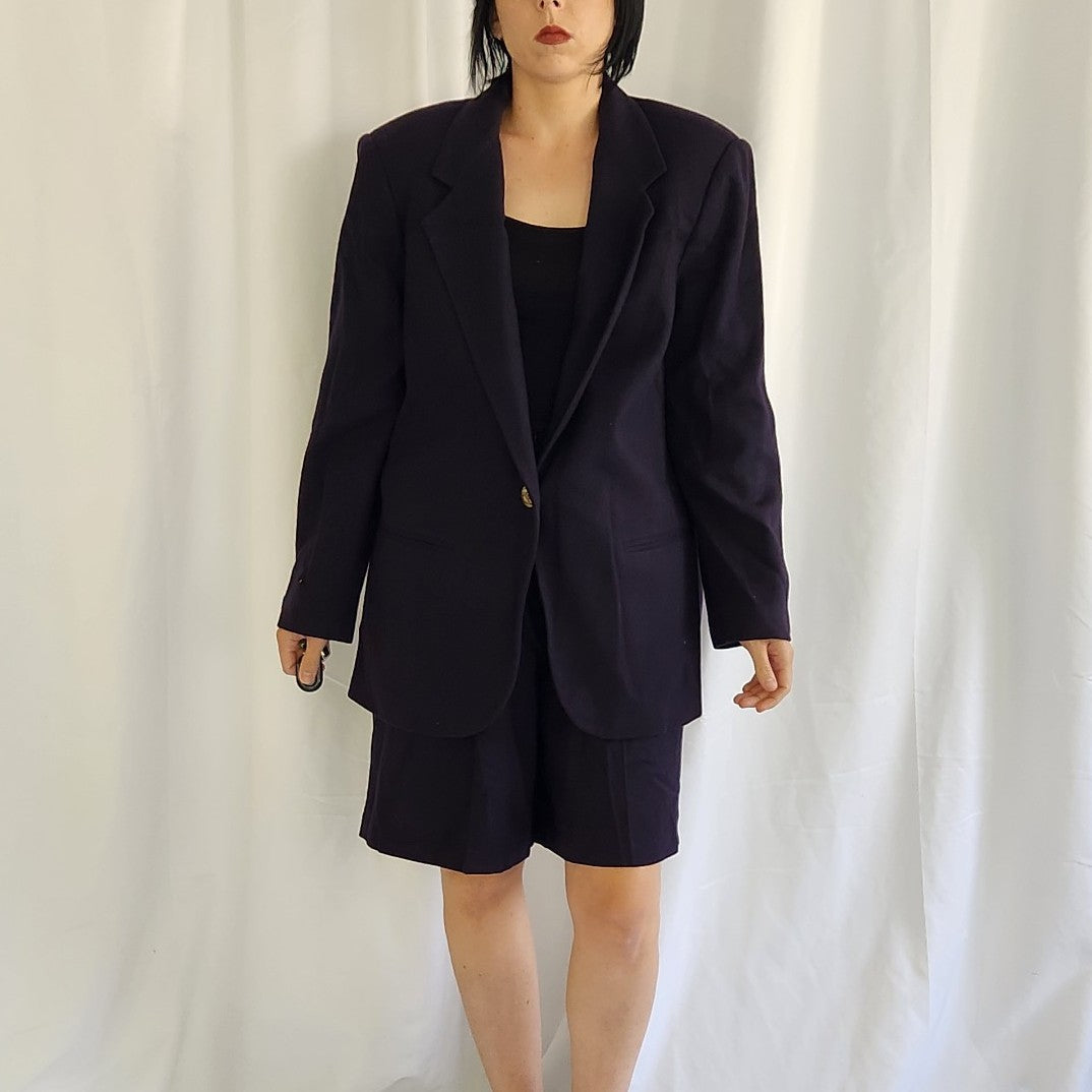90s Navy Blue Wool Blazer and Shorts Set